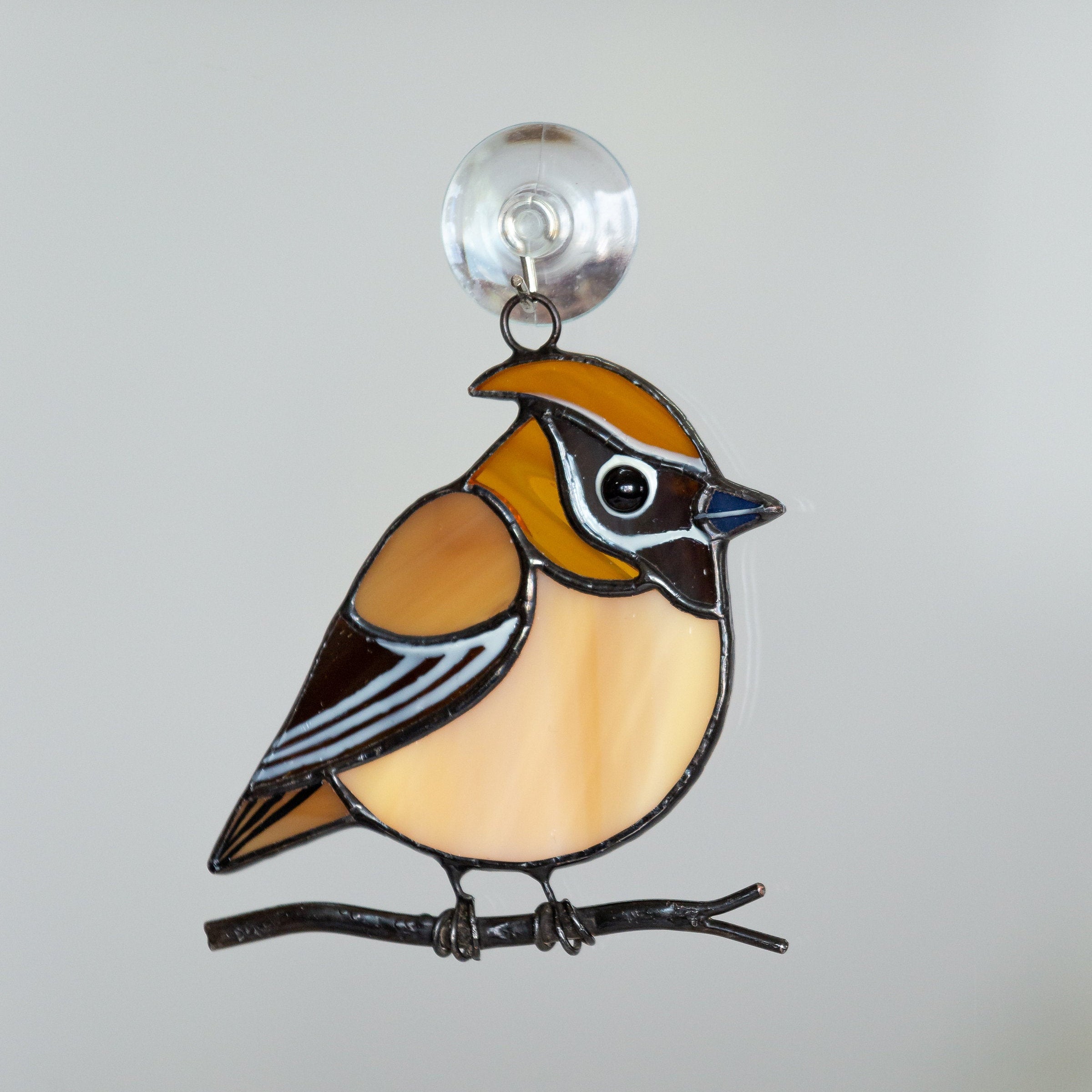 Cedar waxwing stained glass suncatcher grandma gift Custom stained glass window hangings fat bird light catcher