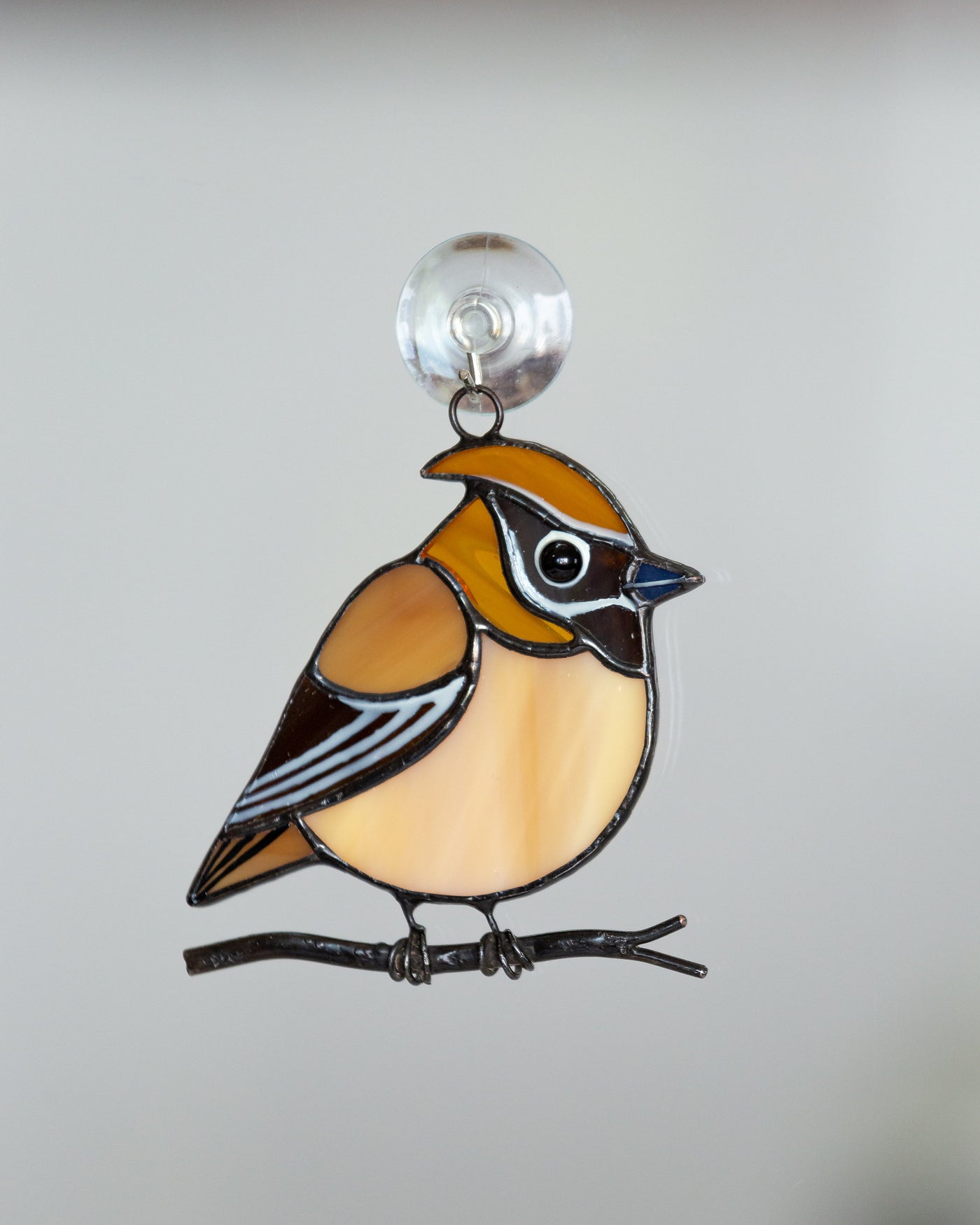 Cedar waxwing stained glass suncatcher grandma gift Custom stained glass window hangings fat bird light catcher