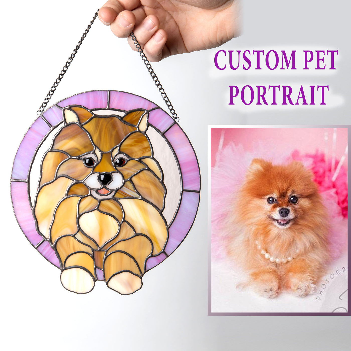 Stained glass pet portrait of a dog made from photo round panel