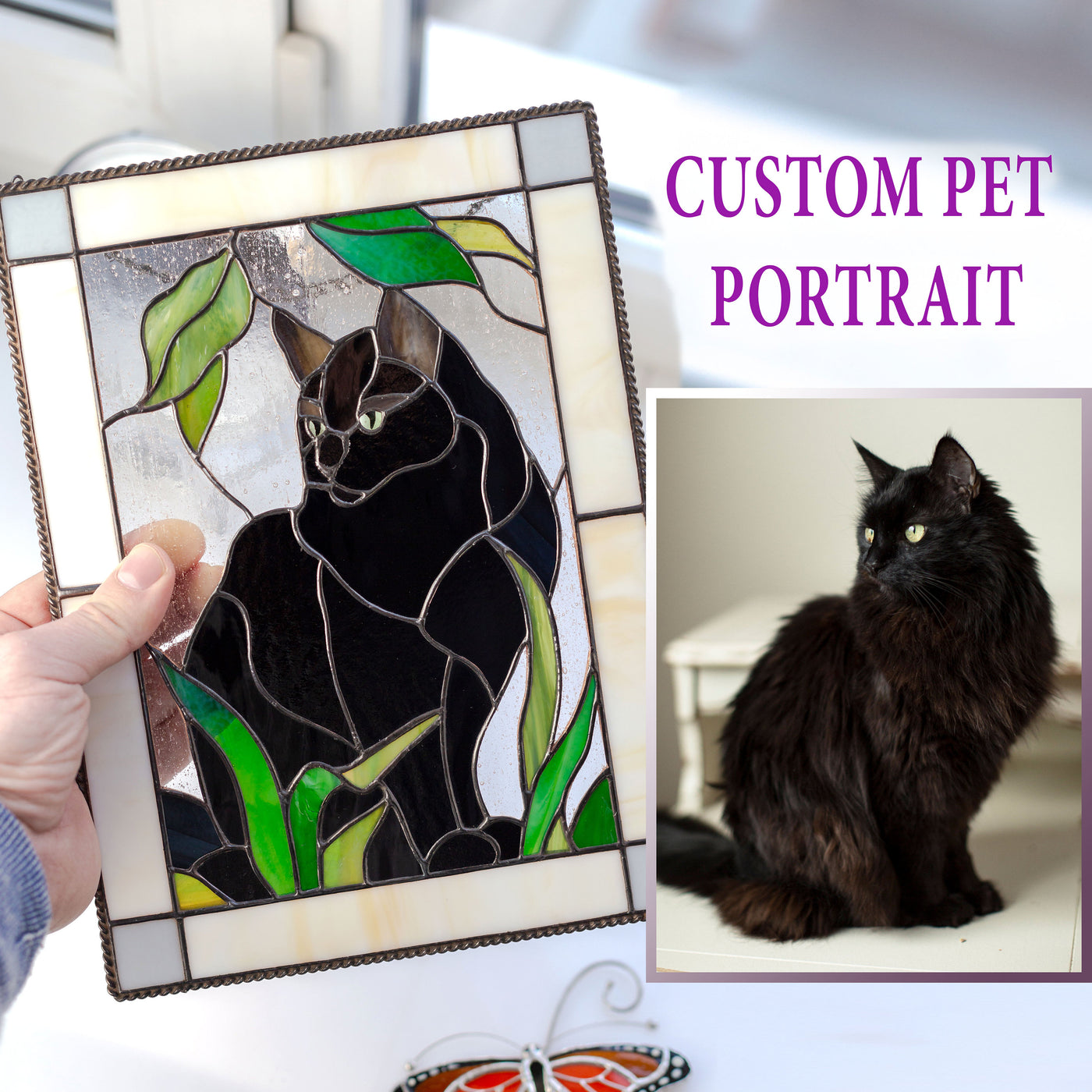Stained glass rectangular portrait panel depicting a black pet