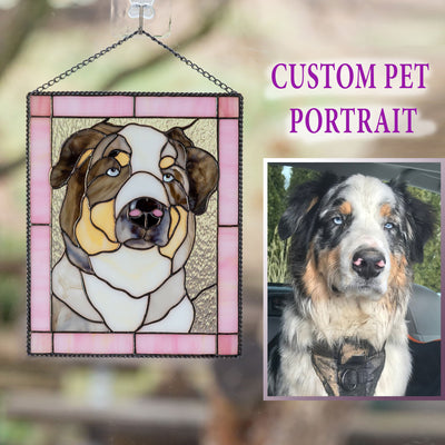 Custom stained glass portrait panel of a dog in a pink rectangular frame