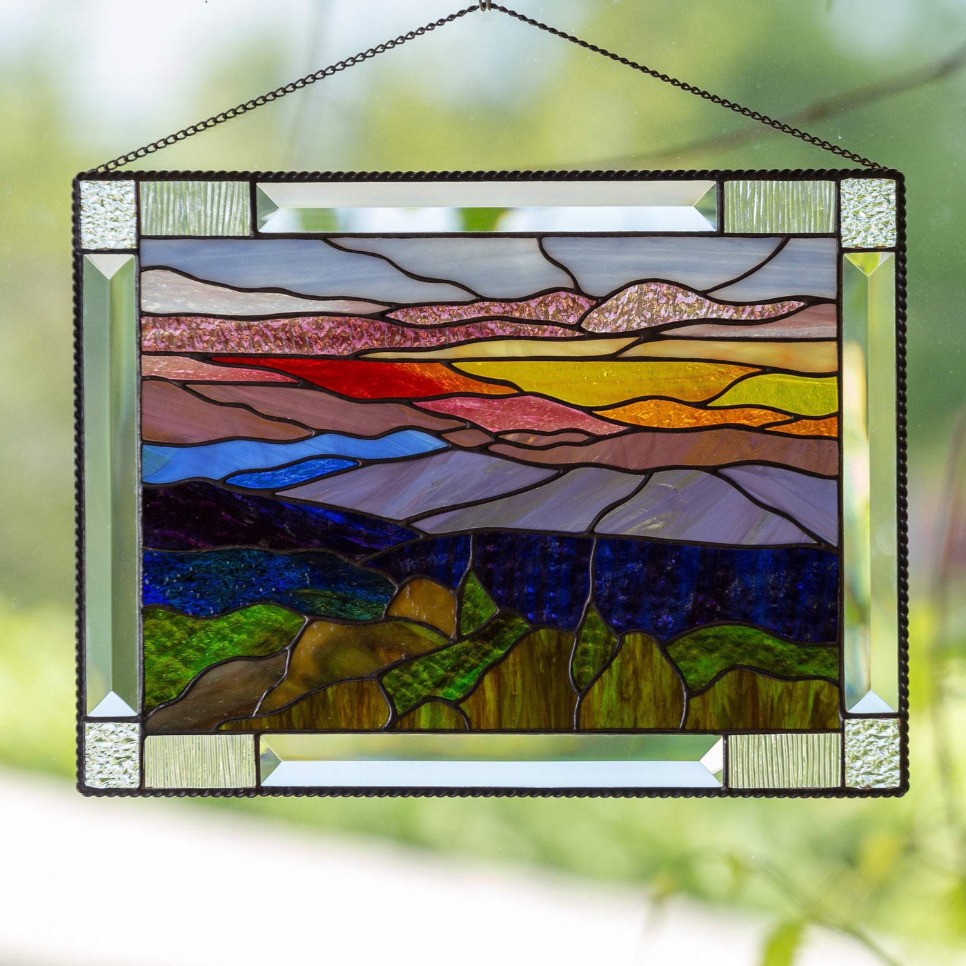Stained glass panel depicting Blue Ridge Mountains