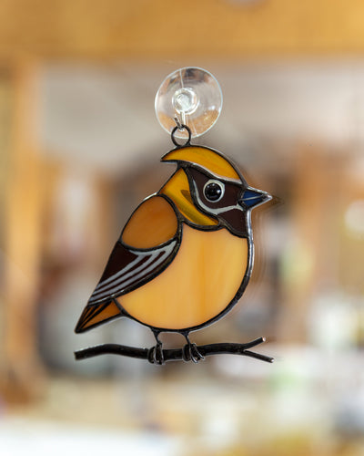 Cedar waxwing stained glass suncatcher grandma gift Custom stained glass window hangings fat bird light catcher