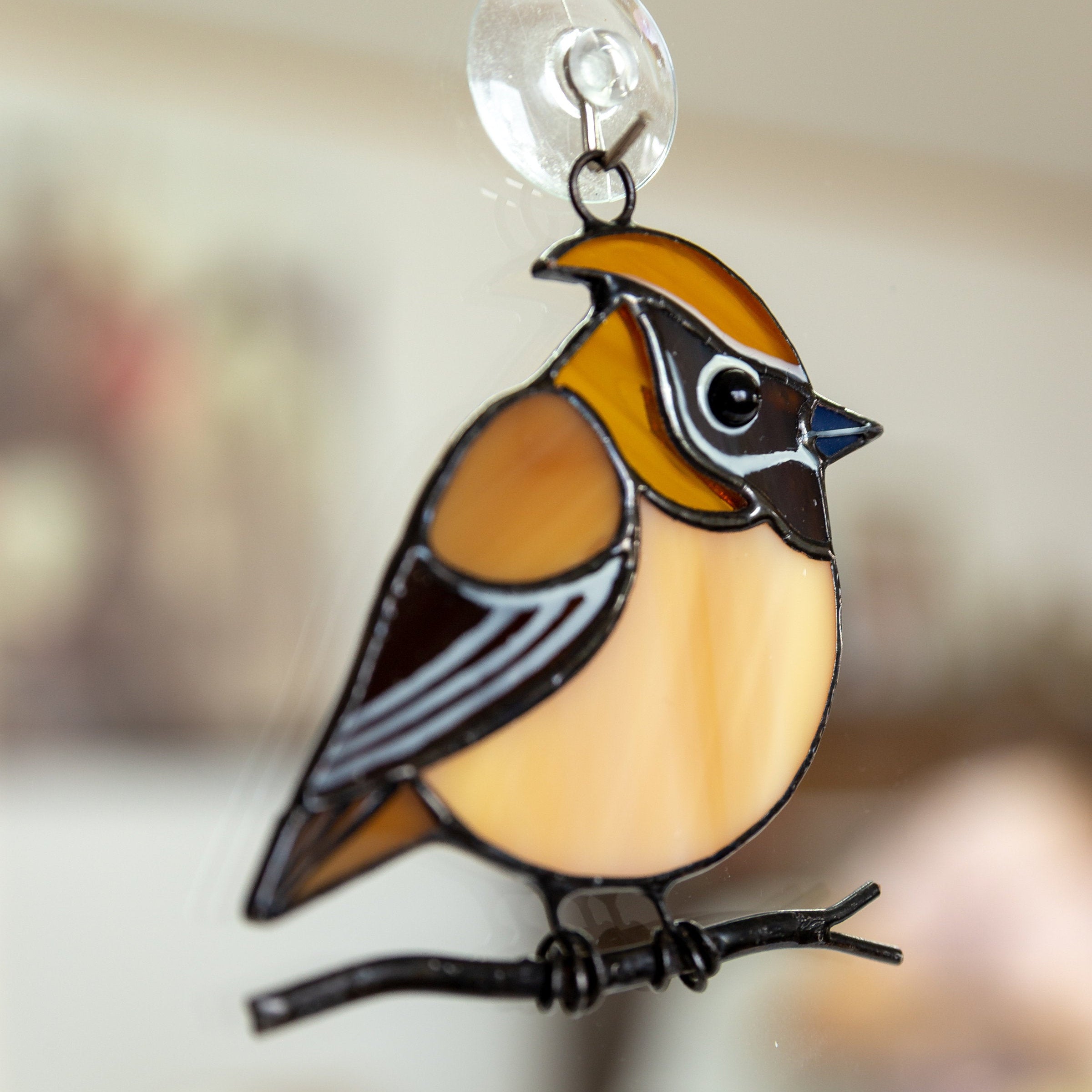 Cedar waxwing stained glass suncatcher grandma gift Custom stained glass window hangings fat bird light catcher