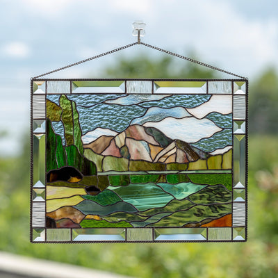 Stained glass panel depicting Grand Teton national park