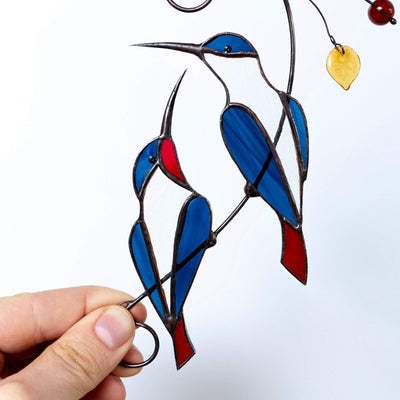blue winged hummingbirds with red tails stained glass suncatcher