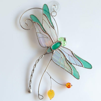 Green stained glass dragonfly window hanging