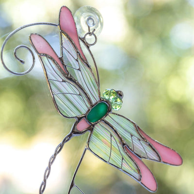 Stained glass pink dragonfly window hanging