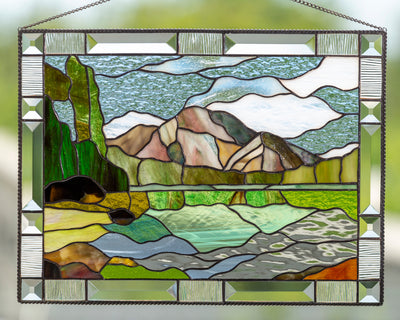 Stained glass Grand Teton national park with its waters and mountains landscape