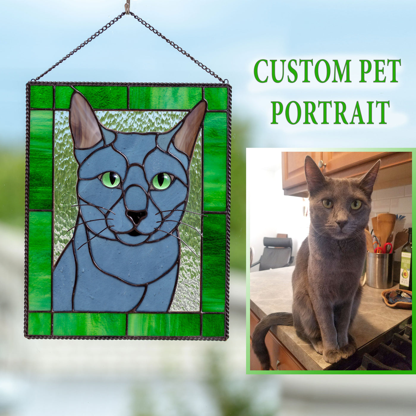 Rectangular stained glass portrait of a cat in a green frame