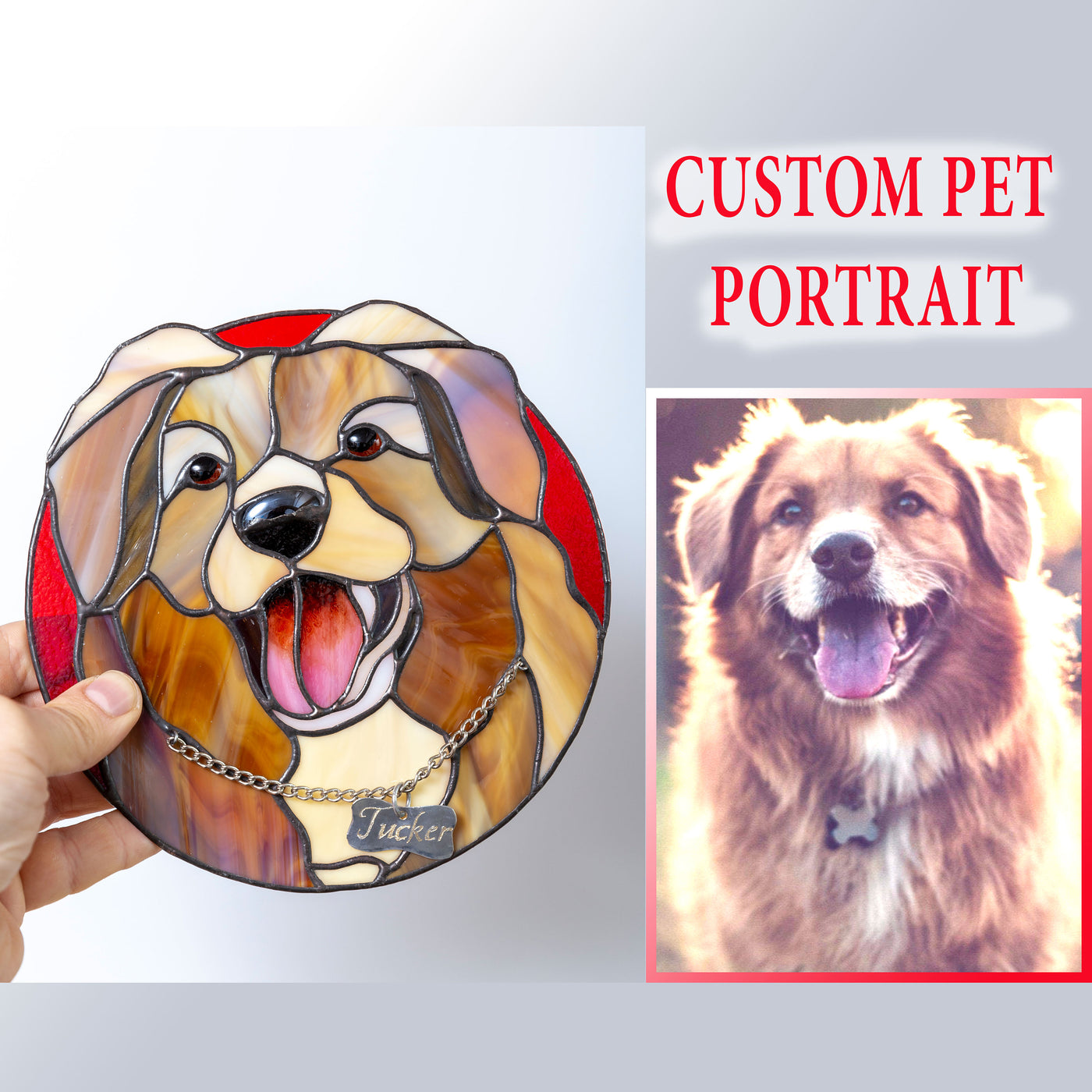 Stained glass portrait of a dog in a round red frame for home decor