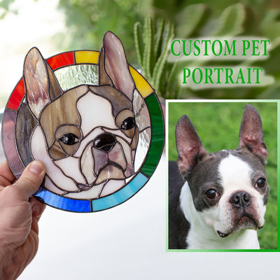 Stained glass custom window hanging depicting a dog