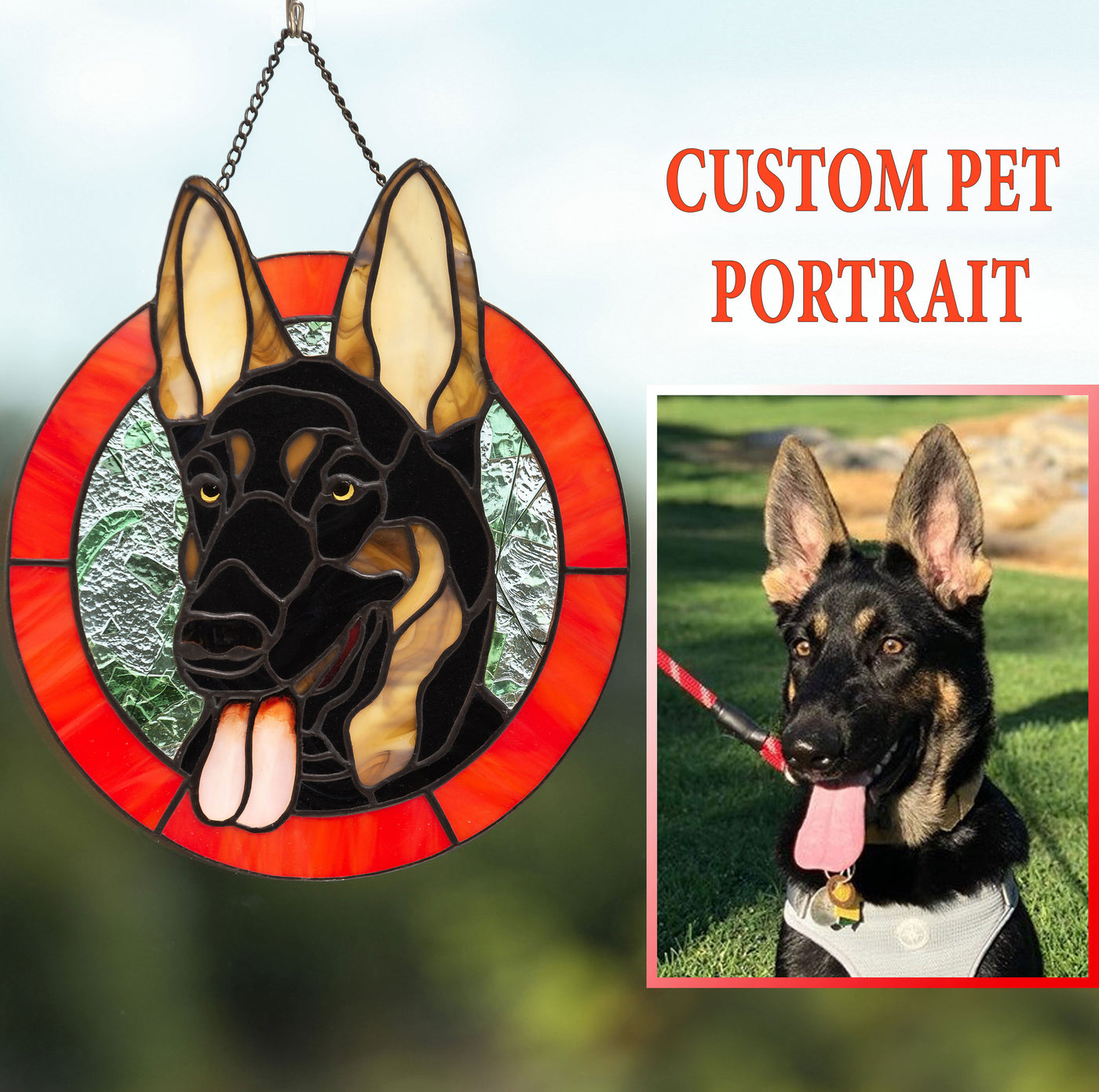 Stained glass pet portrait depicting German shepherd dog