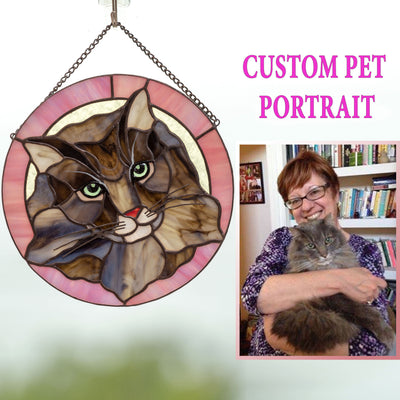 Stained glass pink-framed window hanging portrait of a cat