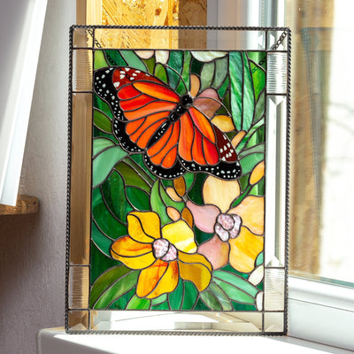 Monarch butterfly with orchids panel of stained glass