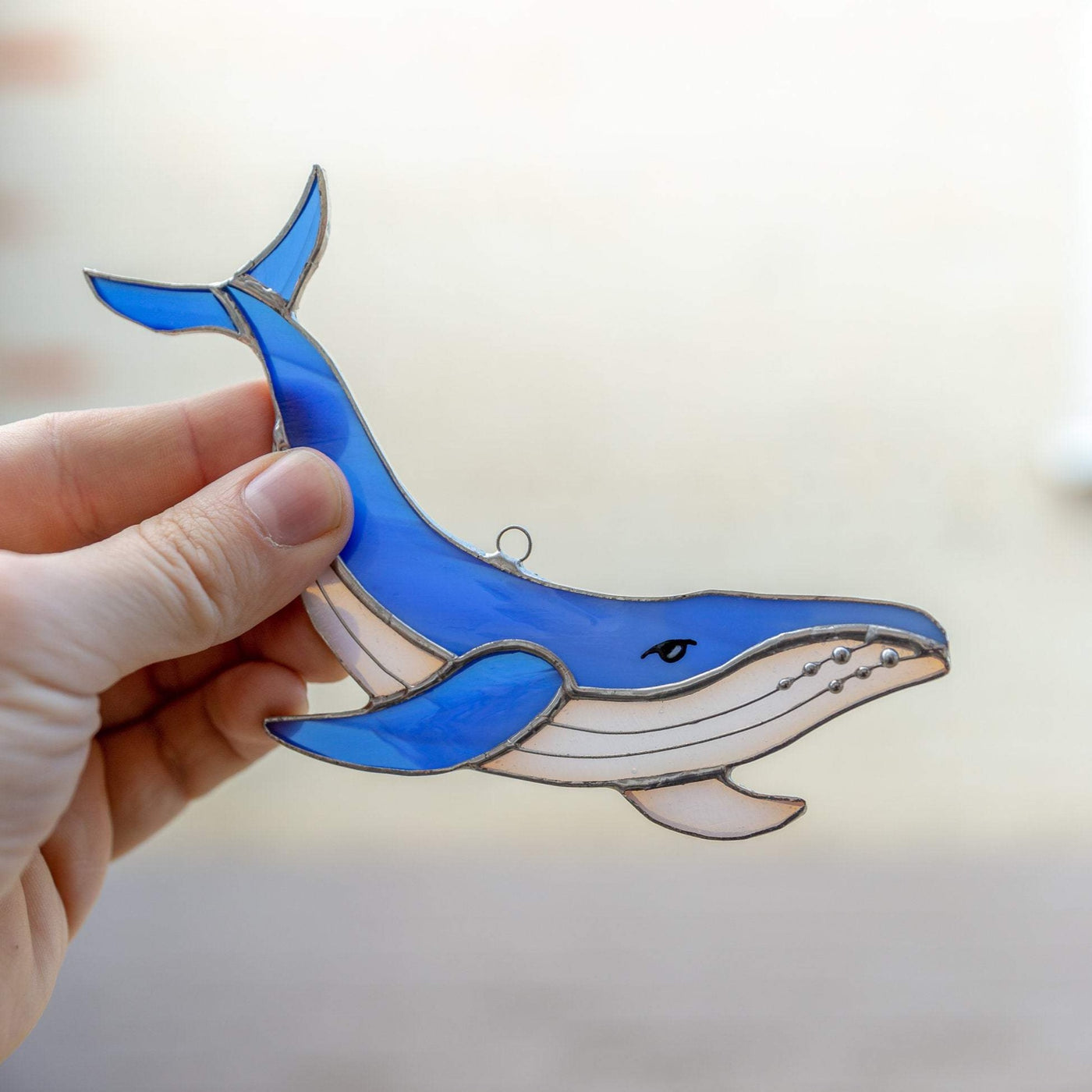 Royal blue stained glass whale suncatcher for home decor