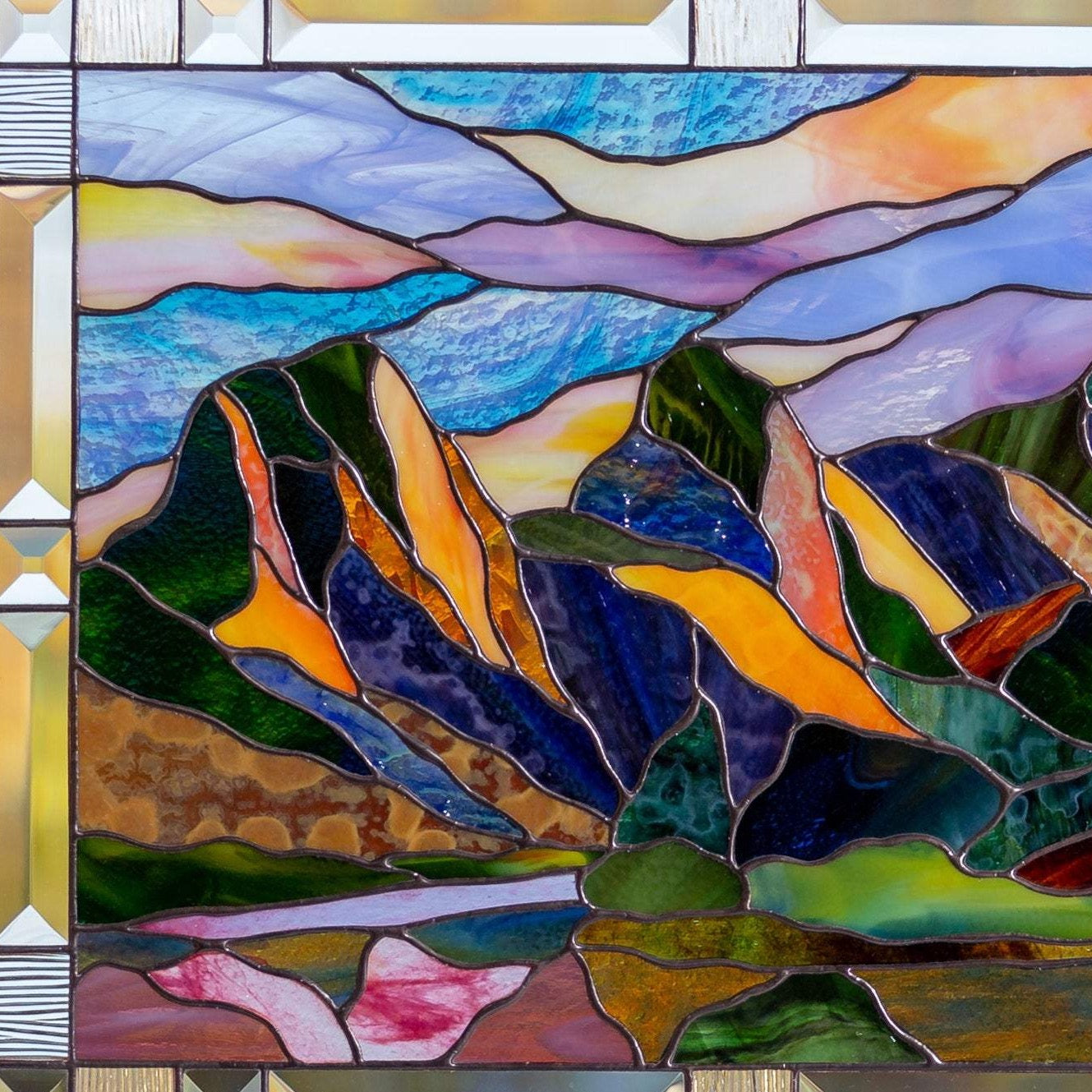 Zoomed stained glass Three Sisters Mountain wall hanging