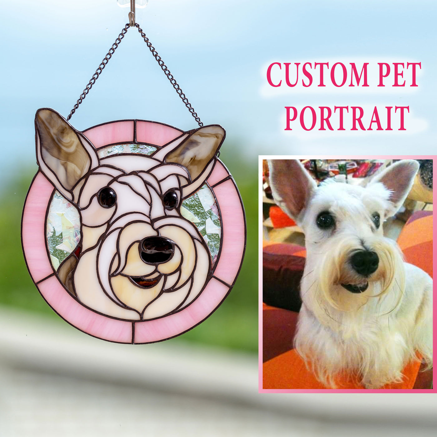 Custom stained glass pink-framed portrait of a dog made from photo