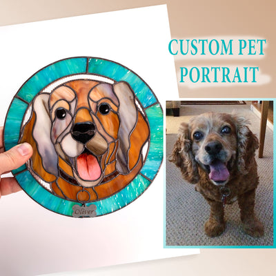 Turquoise-framed stained glass round panel depicting a dog made from photo
