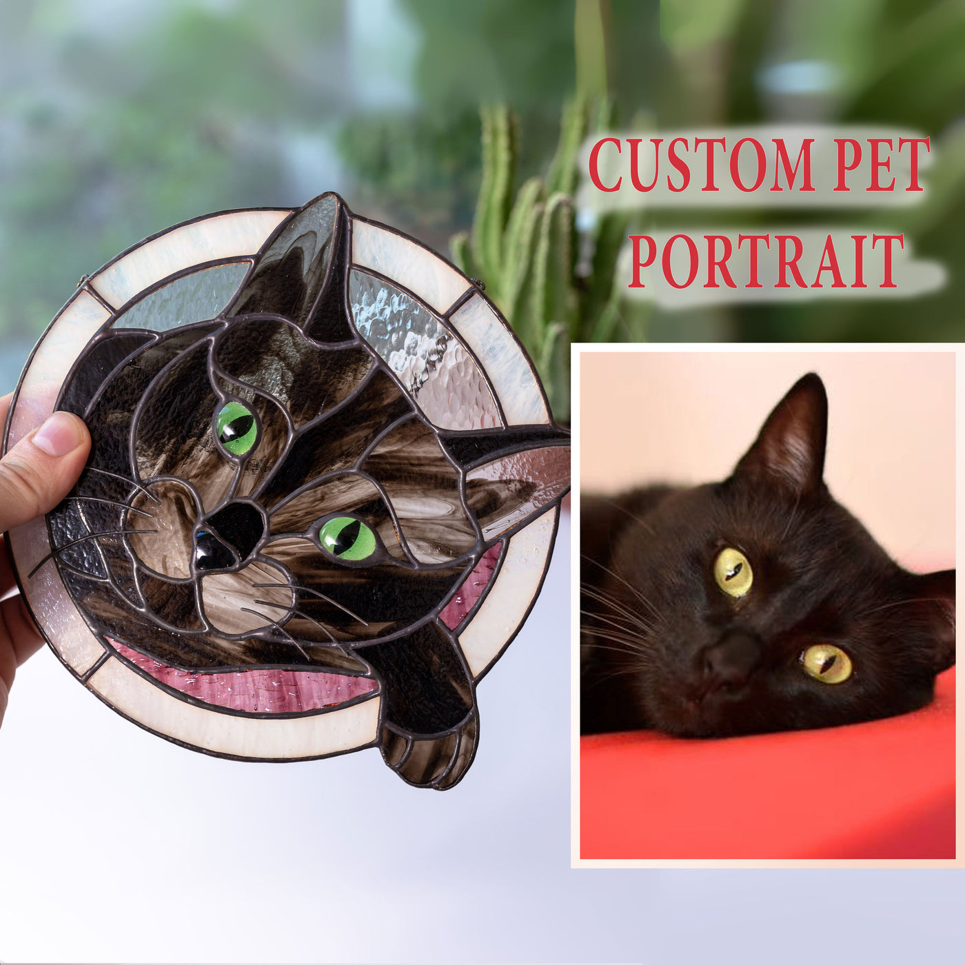 Cute stained glass custom pet portrait of a cat