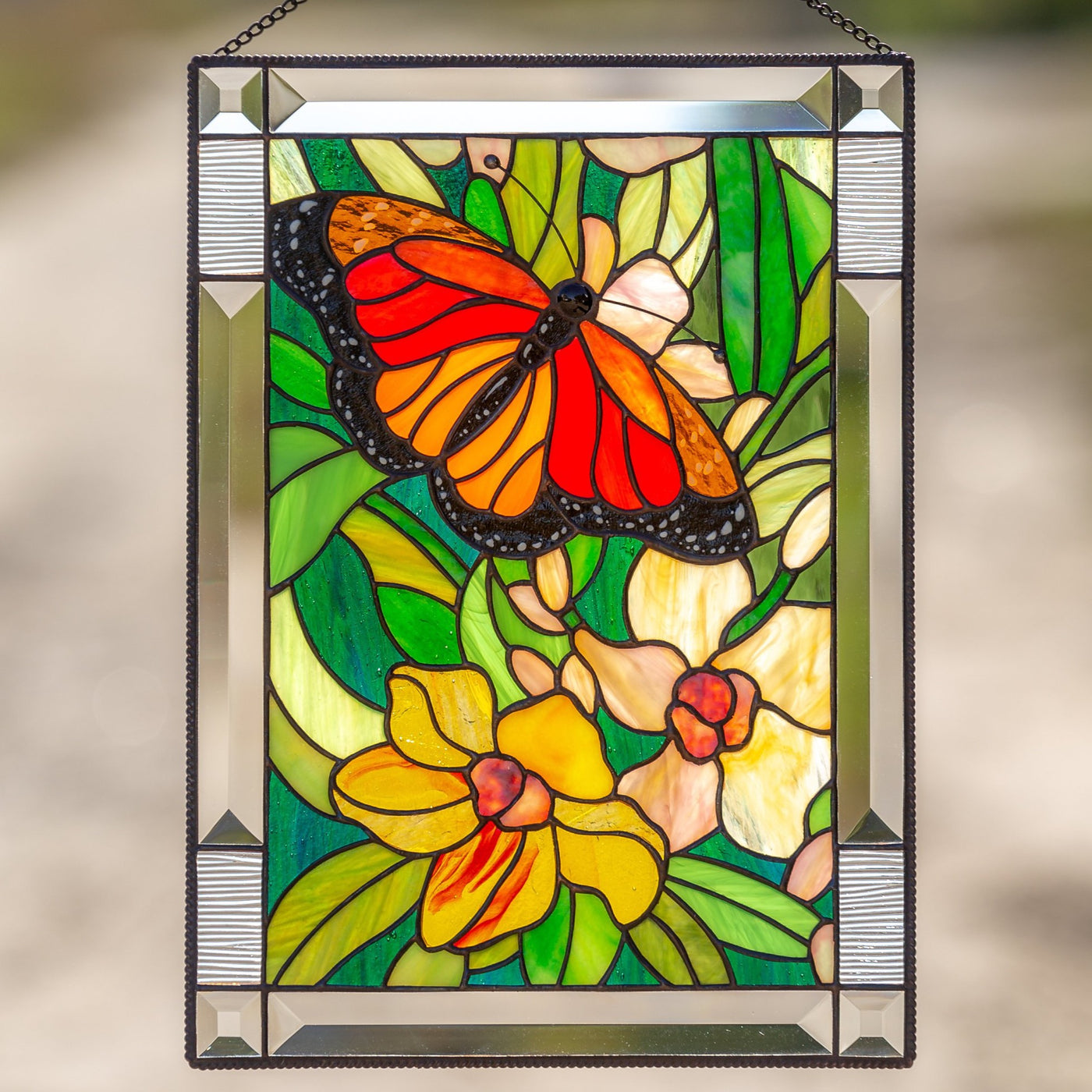 Stained glass monarch butterfly with orchids panel for home decor