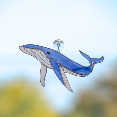 Blue stained glass whale window hanging for home decor