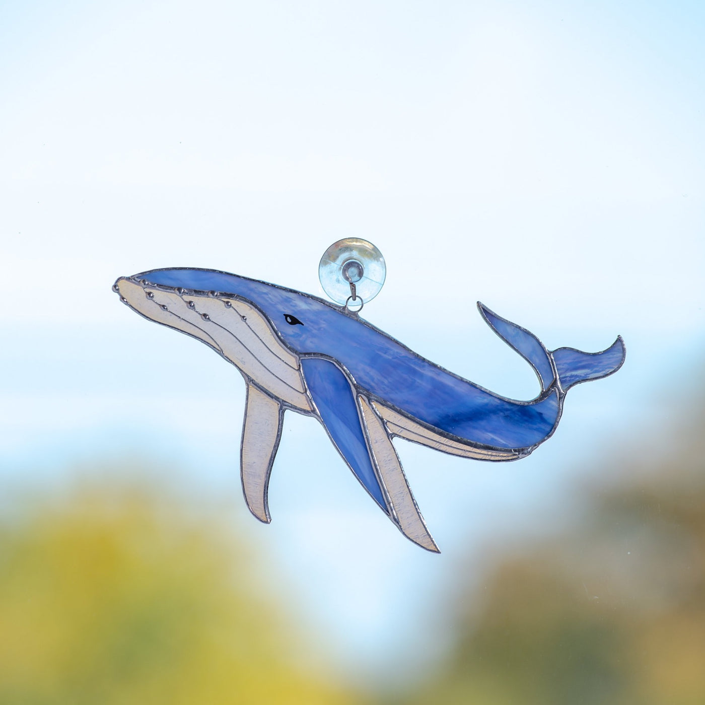 Stained glass blue whale window hanging for home decor