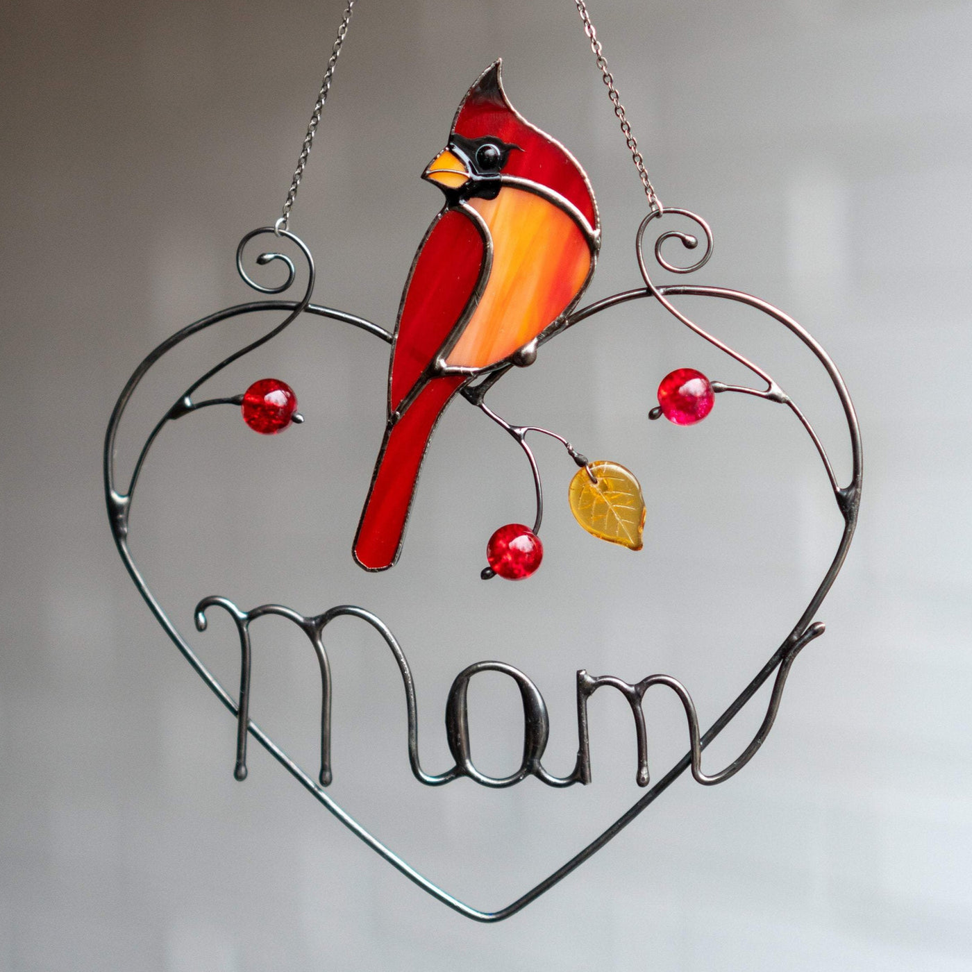 Sitting on the branch cardinal with personalization stained glass window hanging