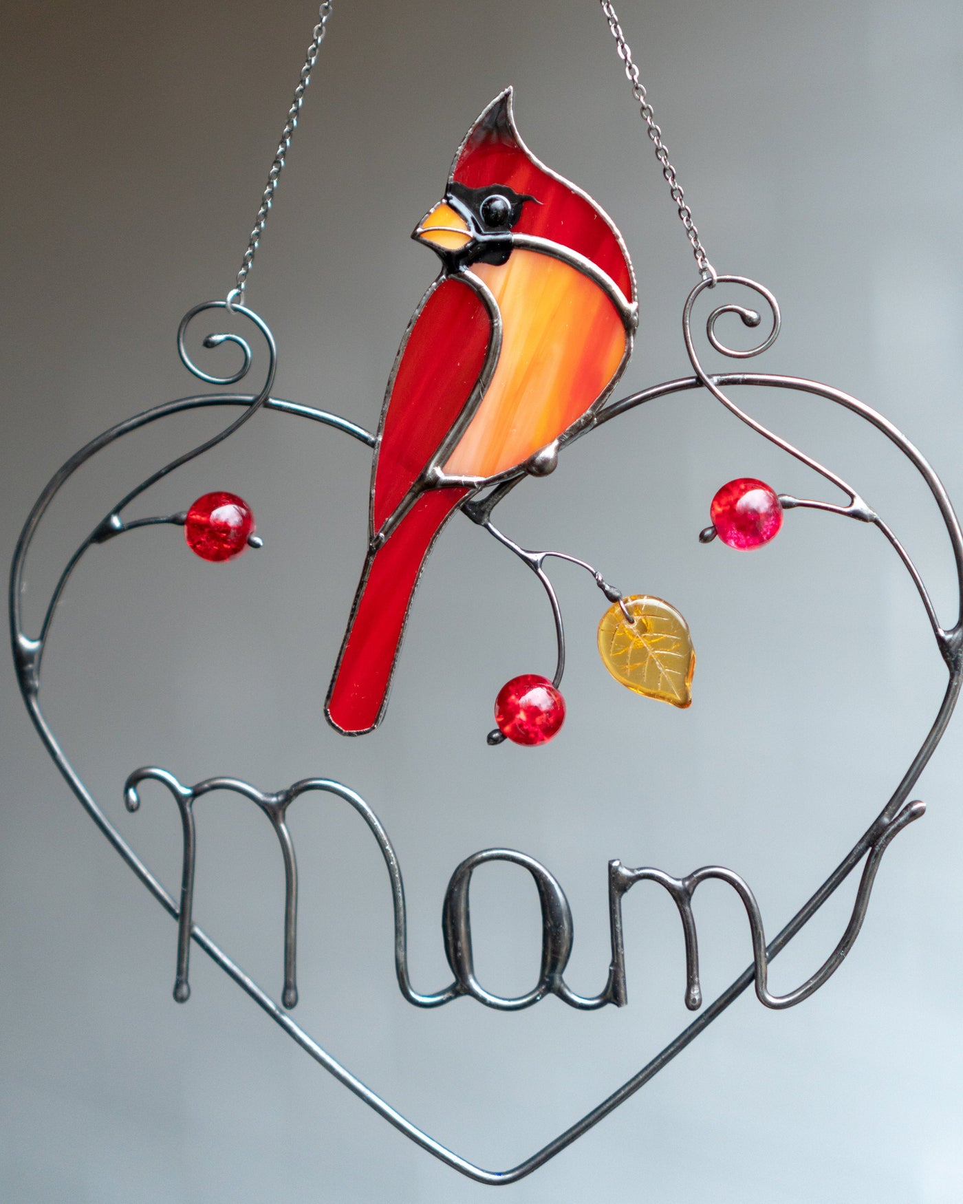 Personalised Red Cardinal Suncatcher - Heart stained glass Gift for Mom