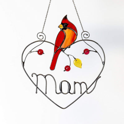 Stained glass suncatcher of a cardinal sitting on a wire heart with personalization 