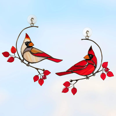 Male and female stained glass cardinals sitting on the branch suncatcher