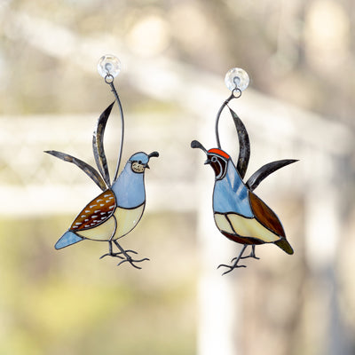 Stained glass pair of male and female quails window hanging