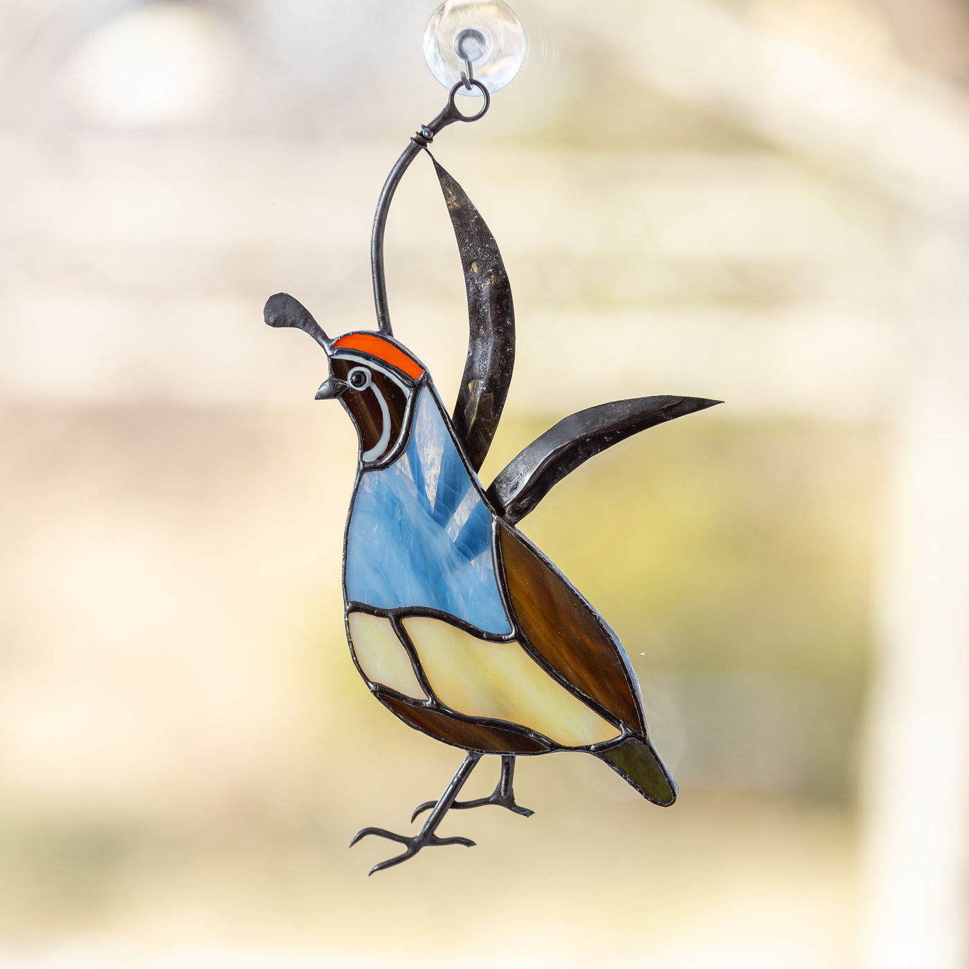 Male stained glass quail window hanging