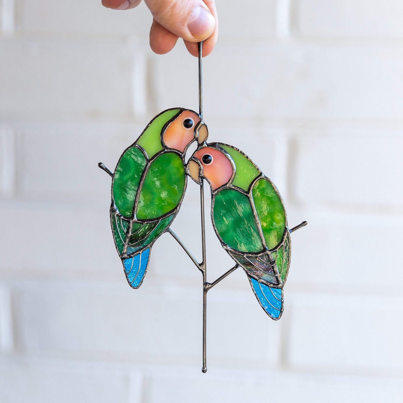 Stained glass pair of lovebirds suncatcher for window decoration