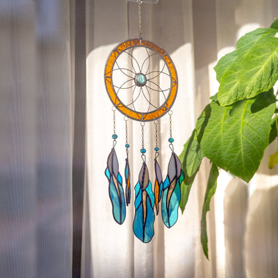 Stained glass orange dreamcatcher with blue feathers for home decor