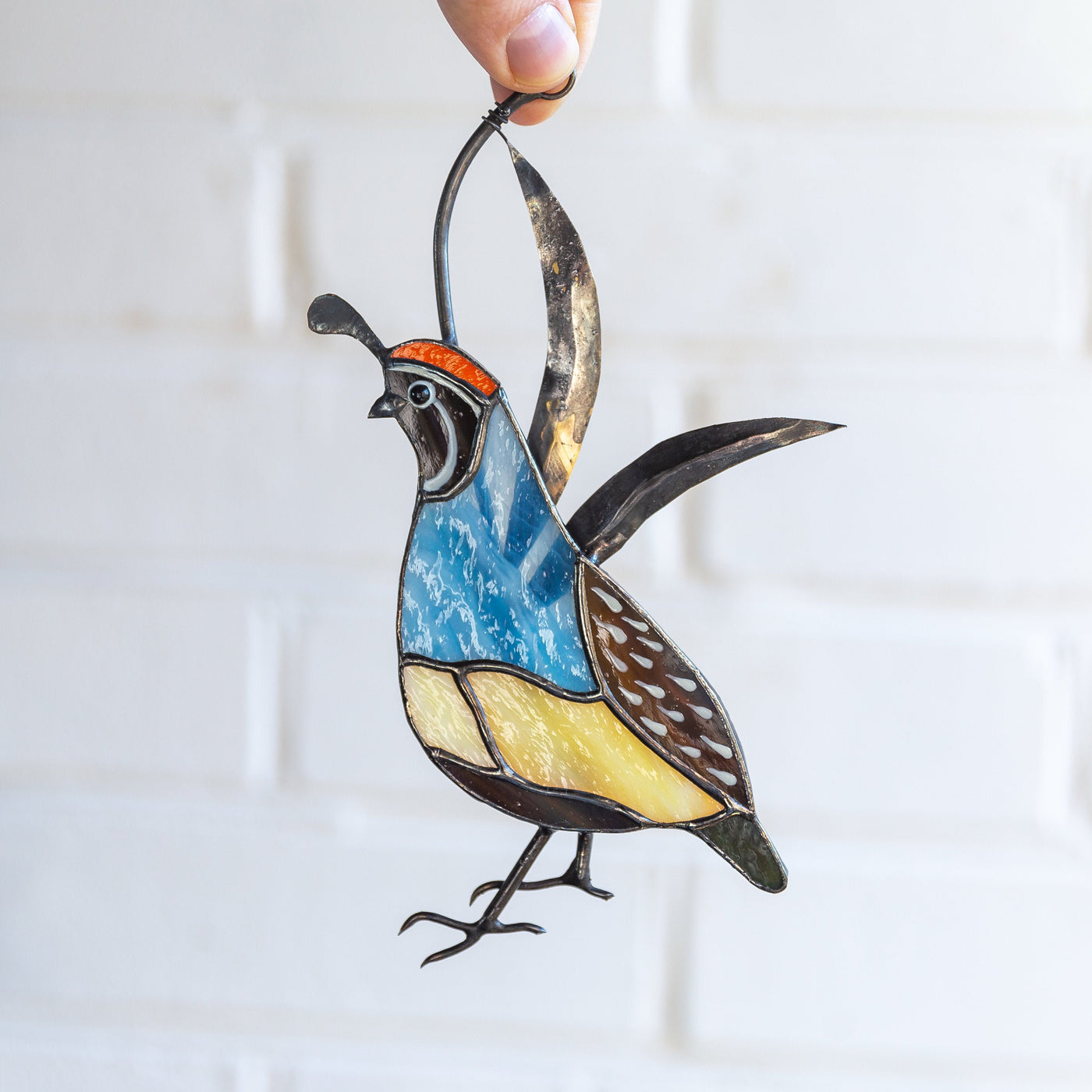 Stained glass California male quail window hanging