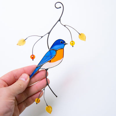Stained glass bluebird with orange breast suncatcher