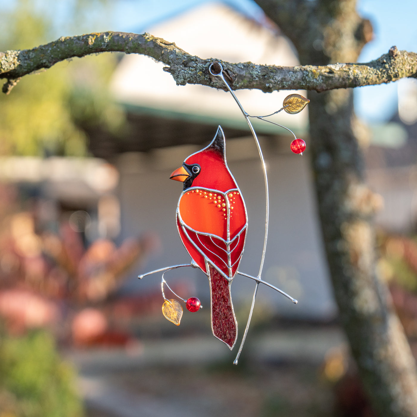 Stained glass cardinal window hanging 