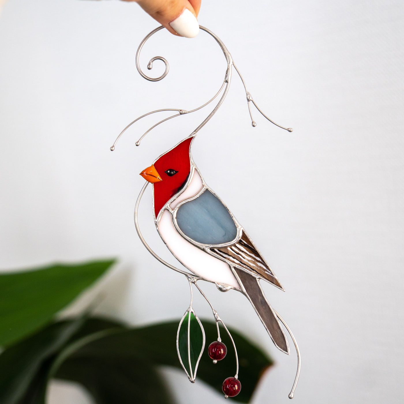 Stained glass grey cardinal