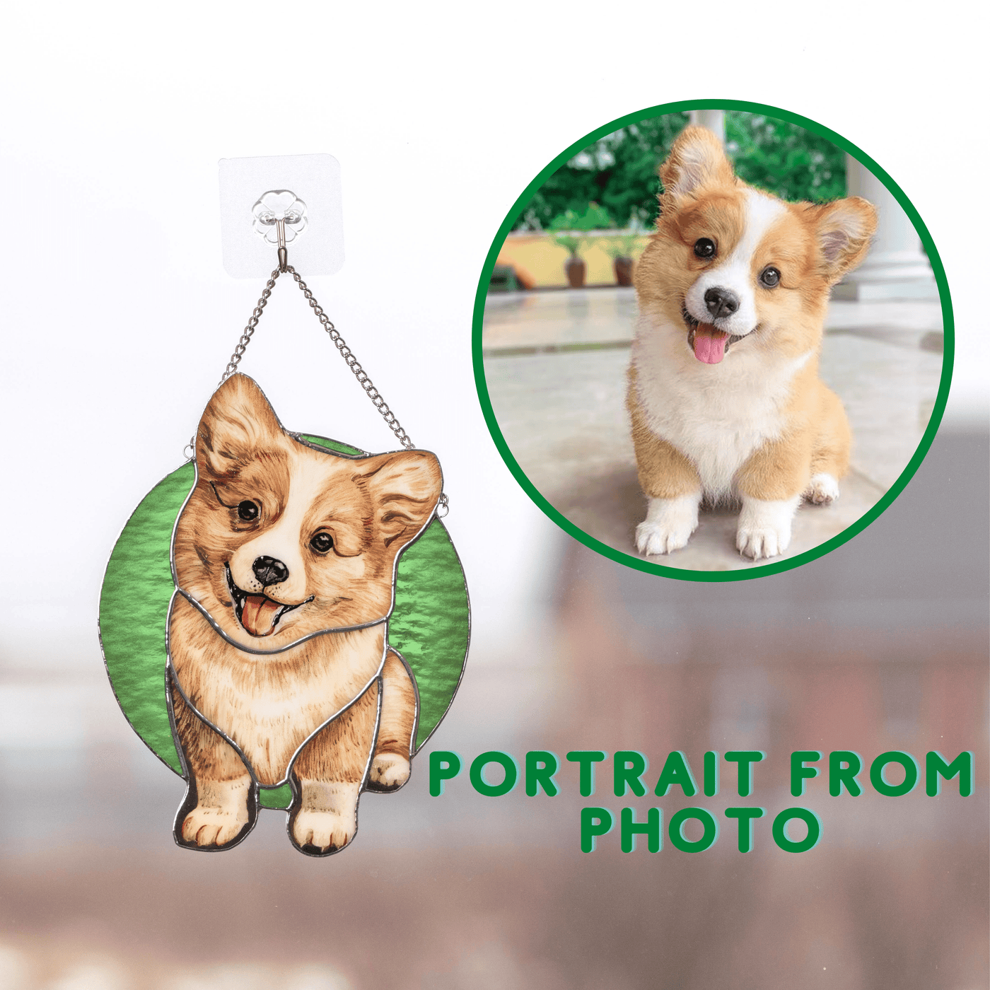Hand-painted stained glass dog portrait in comparison with the real dog photo