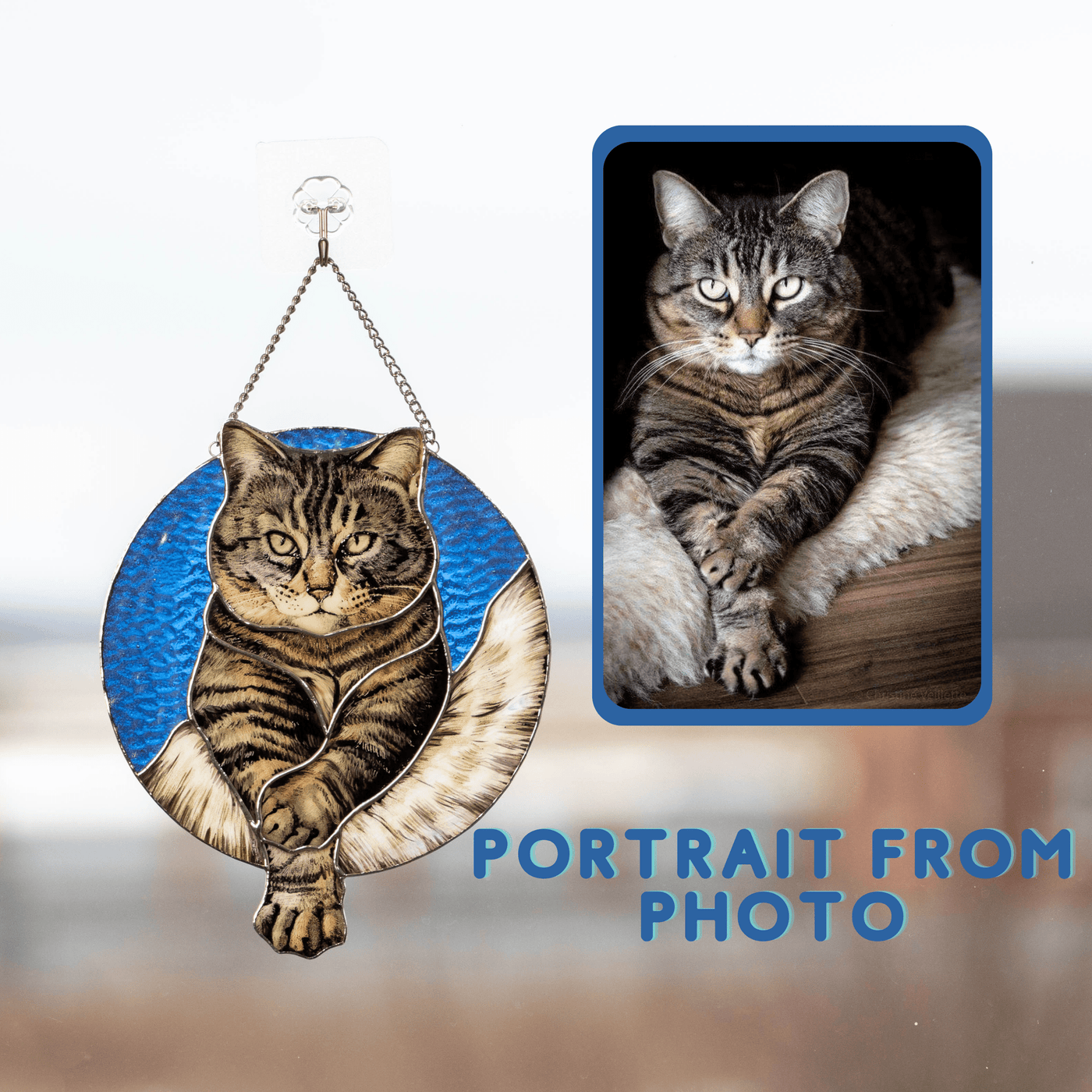 Round stained glass hand-painted portrait of a cat in comparison with the real pet photo