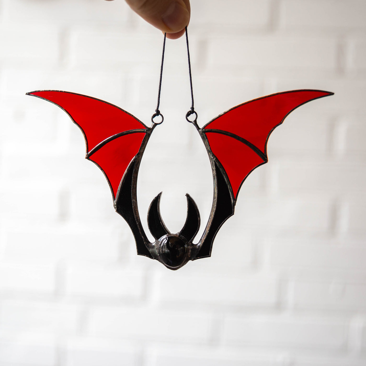 Stained glass Halloween red bat window hanging