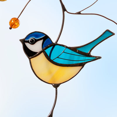 Blue Chickadee on a copper branch stained glass suncatcher