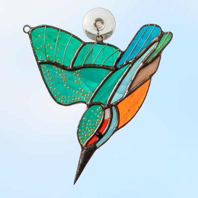 flying and diving kingfisher stained glass suncatcher  Edit alt text